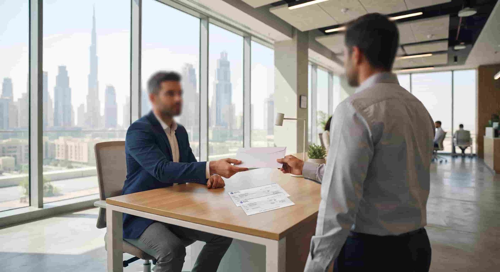 Buyer and seller at a Dubai trustee office clearing a property loan