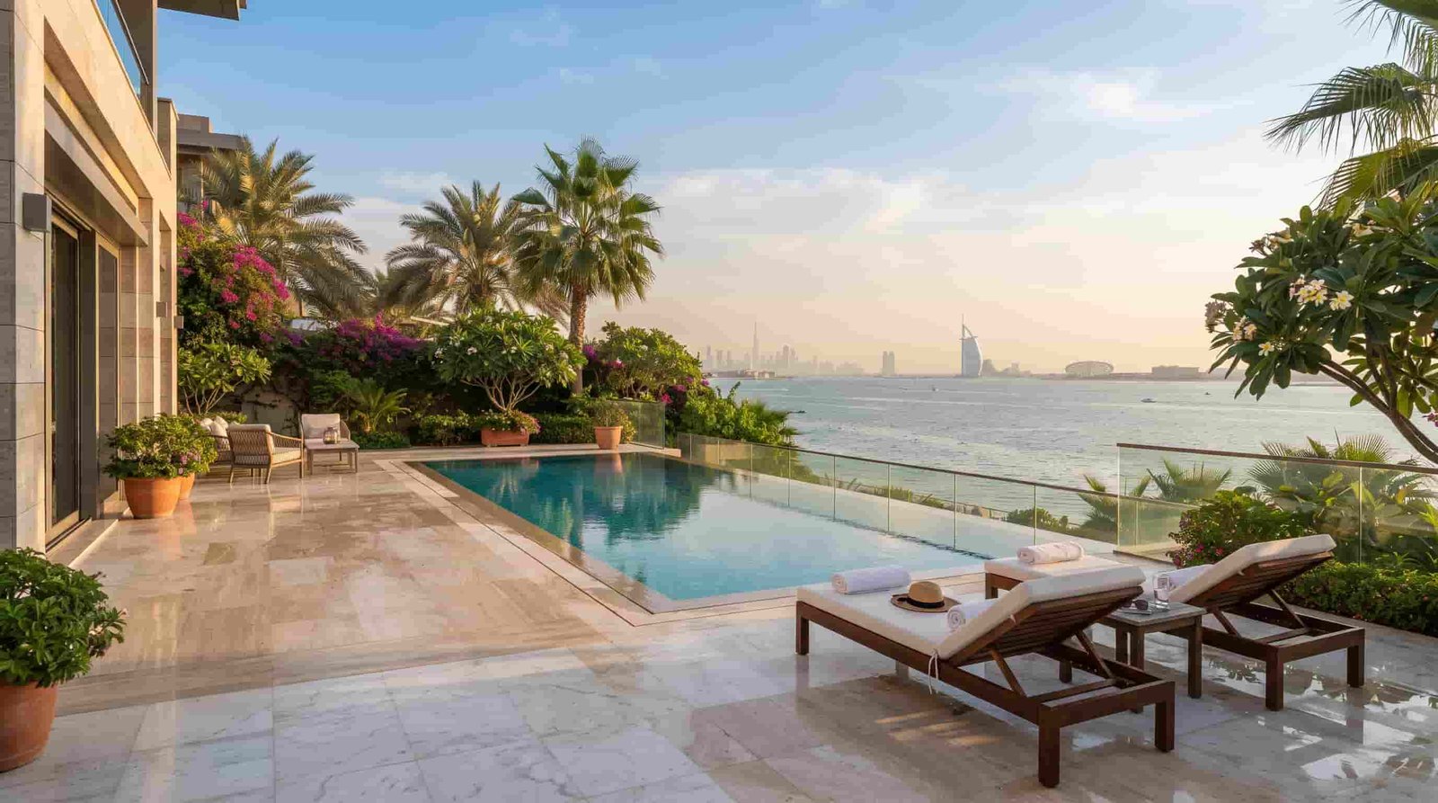 Private pool terrace of a trophy home with Dubai sea views