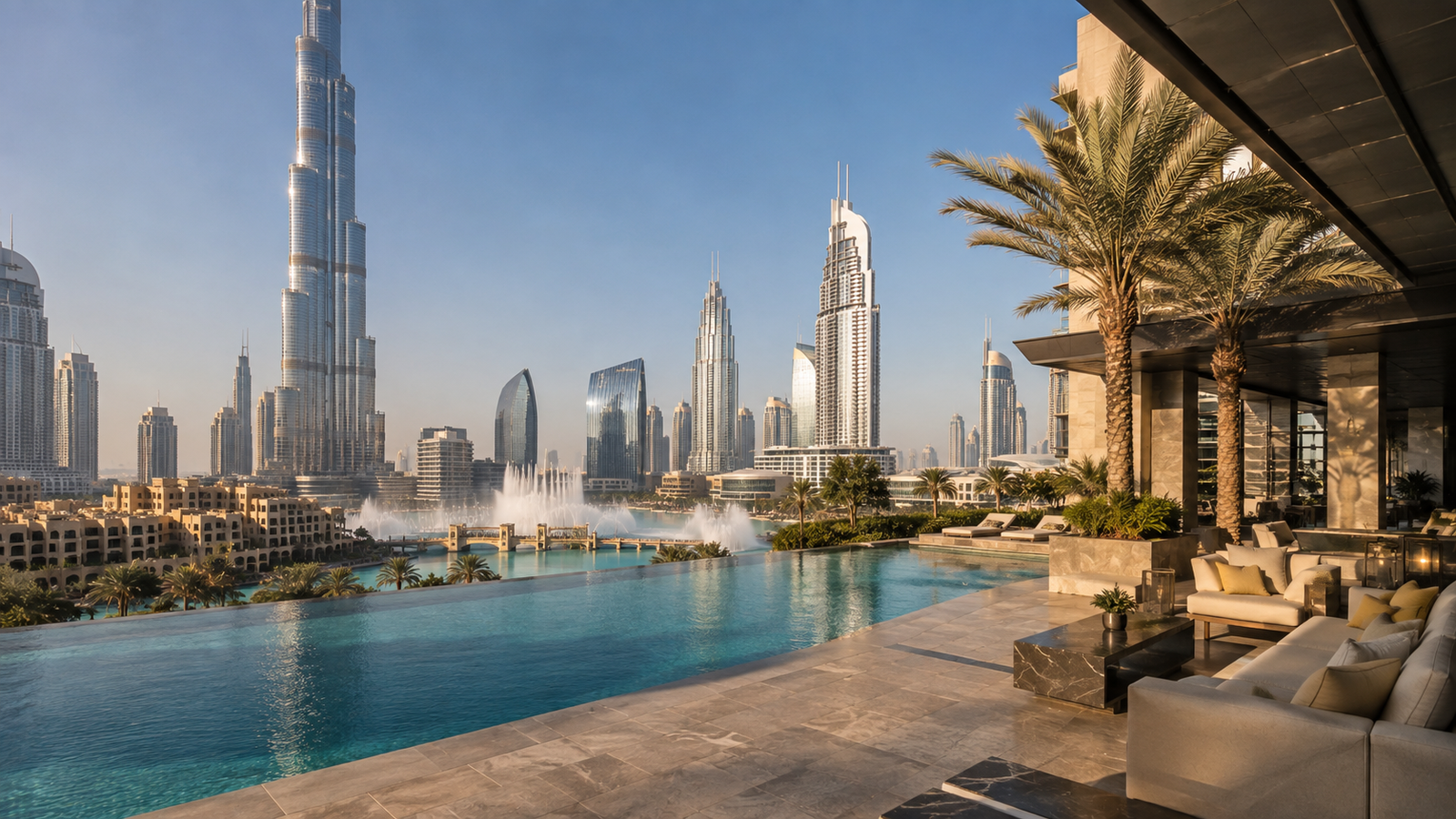 Luxury pool and Downtown Dubai skyline representing Address Downtown hotel and residence amenities