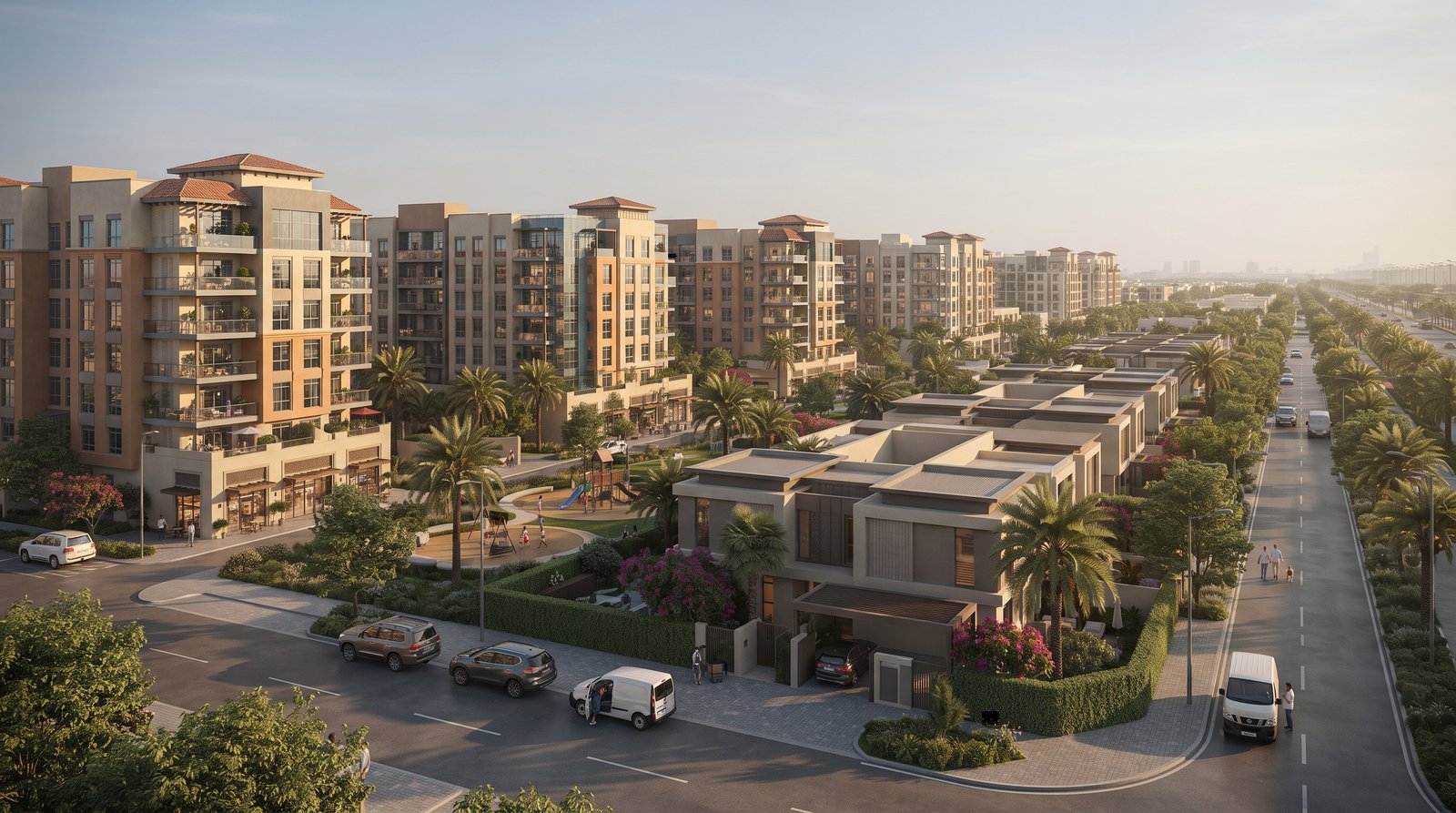 Modern Dubai residential buildings representing median property sale prices