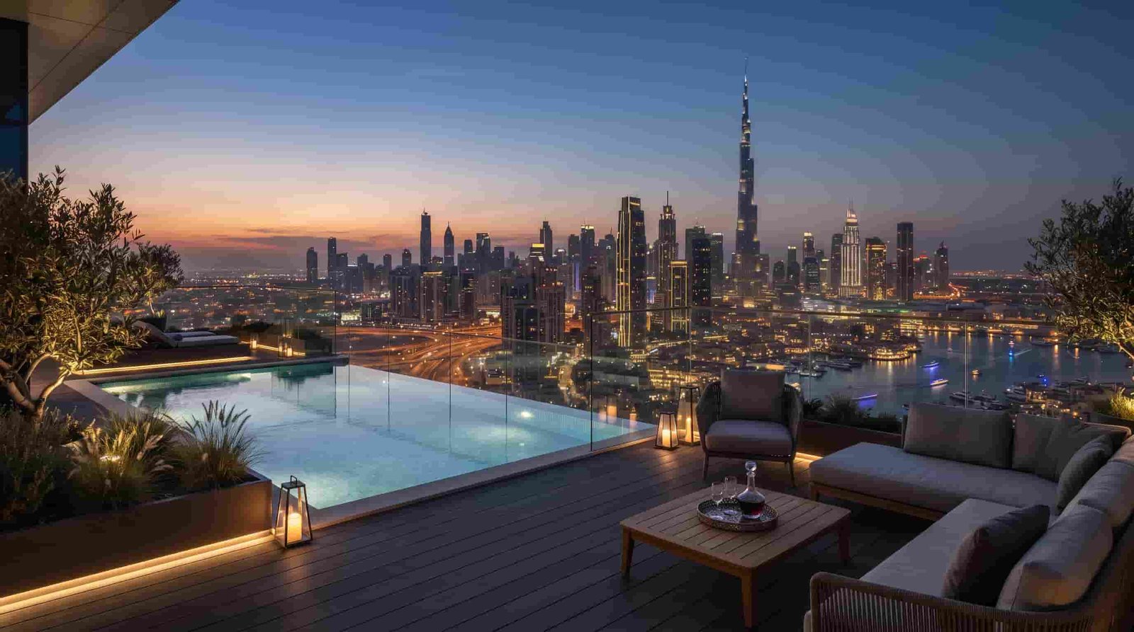 Sky-high luxury penthouse terrace overlooking the Dubai skyline at dusk