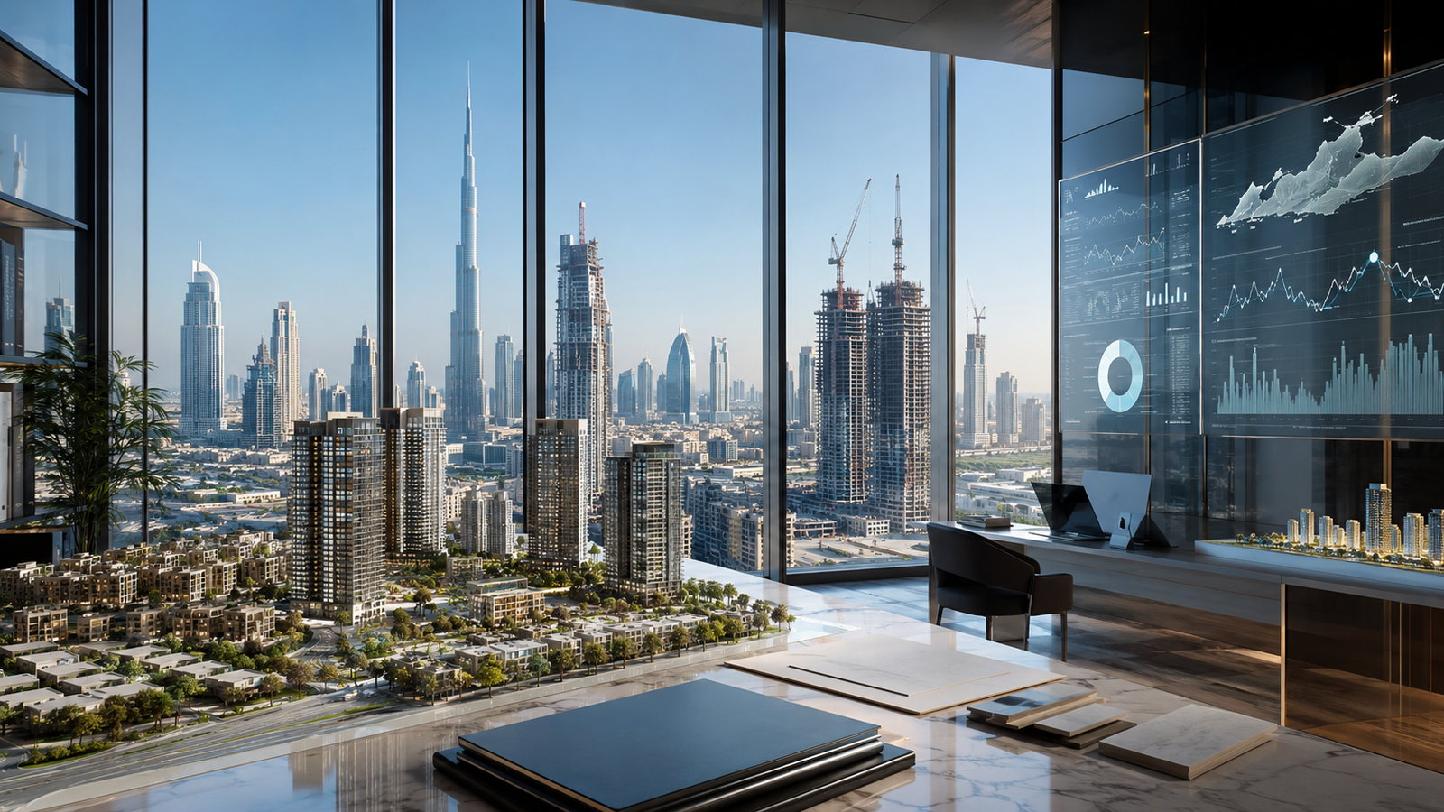 Dubai property models and market analytics representing real estate transaction and price trends in 2026