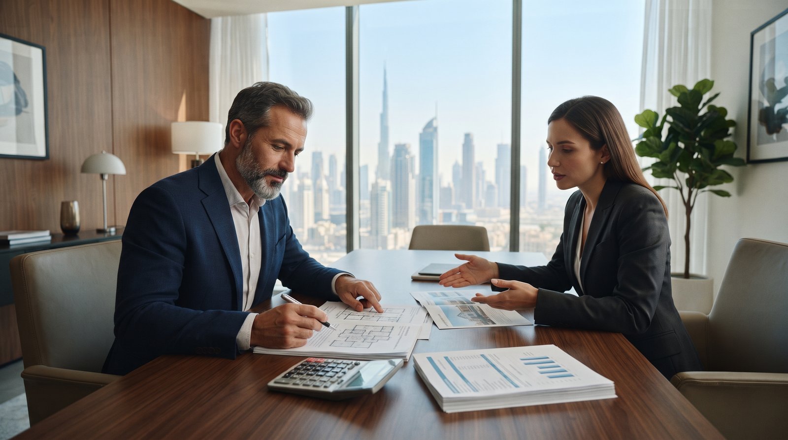 US buyer reviewing Dubai property documents and purchase costs