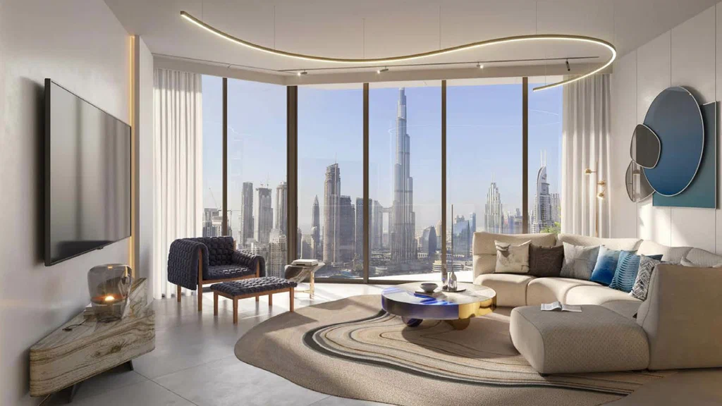 Luxury Dubai apartment living room with floor-to-ceiling Burj Khalifa view — buying property in Dubai